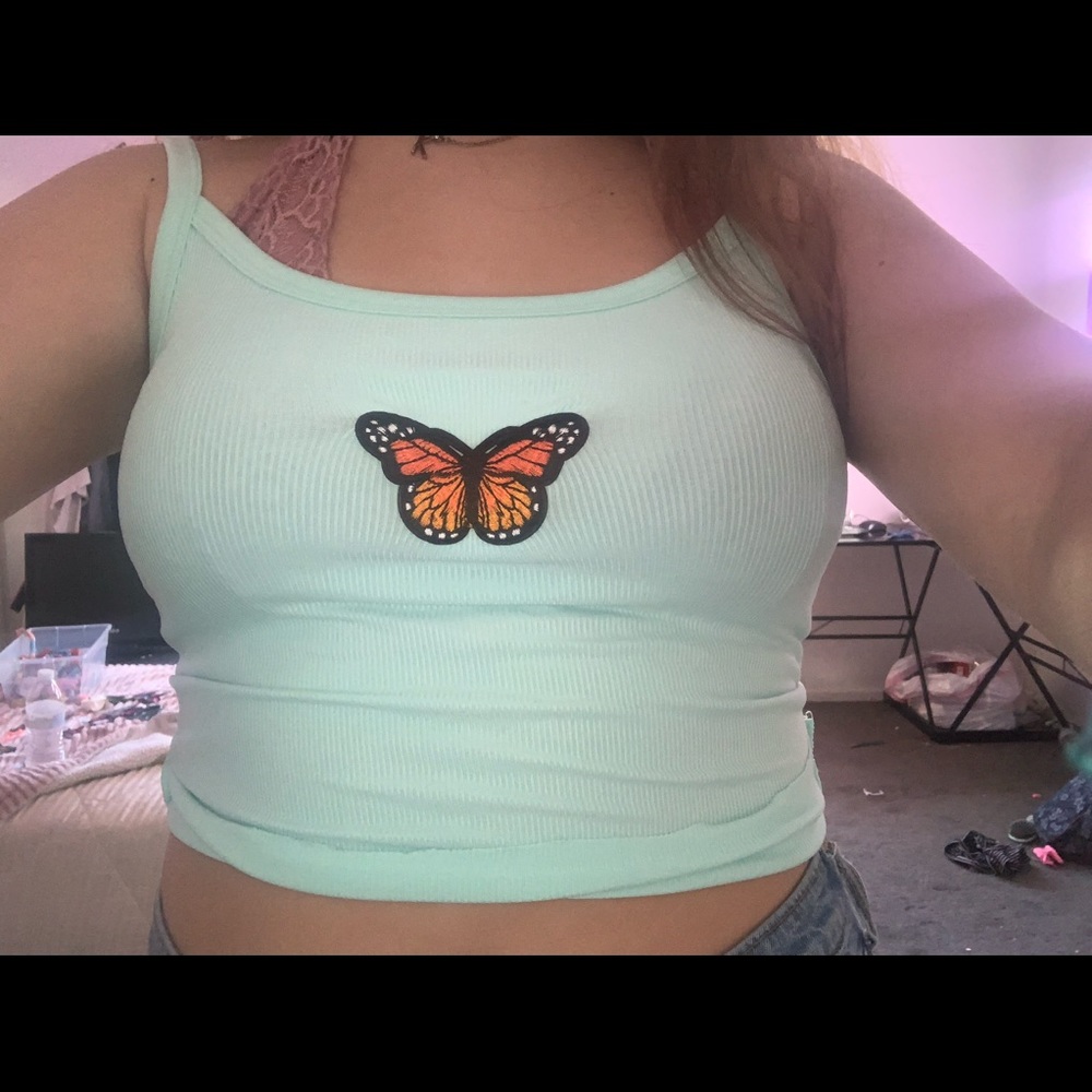 Blue butterfly cropped tank top